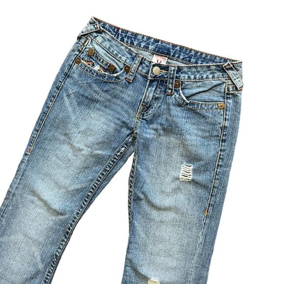 VTG TRUE RELIGION Low Rise Flared Leg Bobby Big T Distressed Jeans  Y2K  SZ 27P - Picture 4 of 10